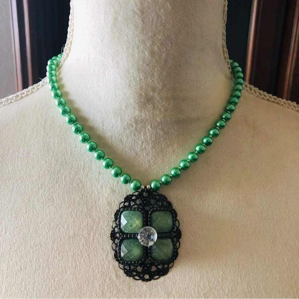 Handcrafted repurpose speckle green glass pendant Czech glass Pearl necklace